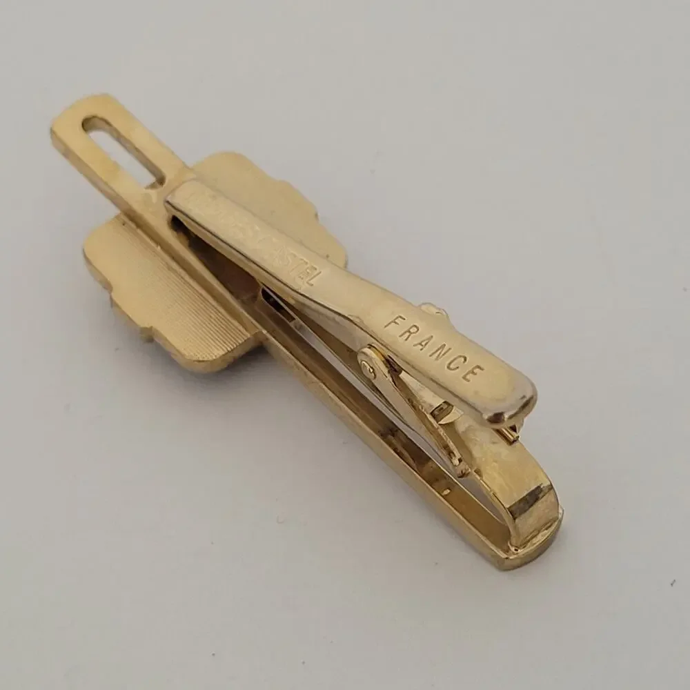 Limoges Castel France Gold Blue Tone Tie Clip Black‎ Horse Design 2 Inch
